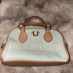 True Religion Light Blue Denim and Tan Leather Satchel